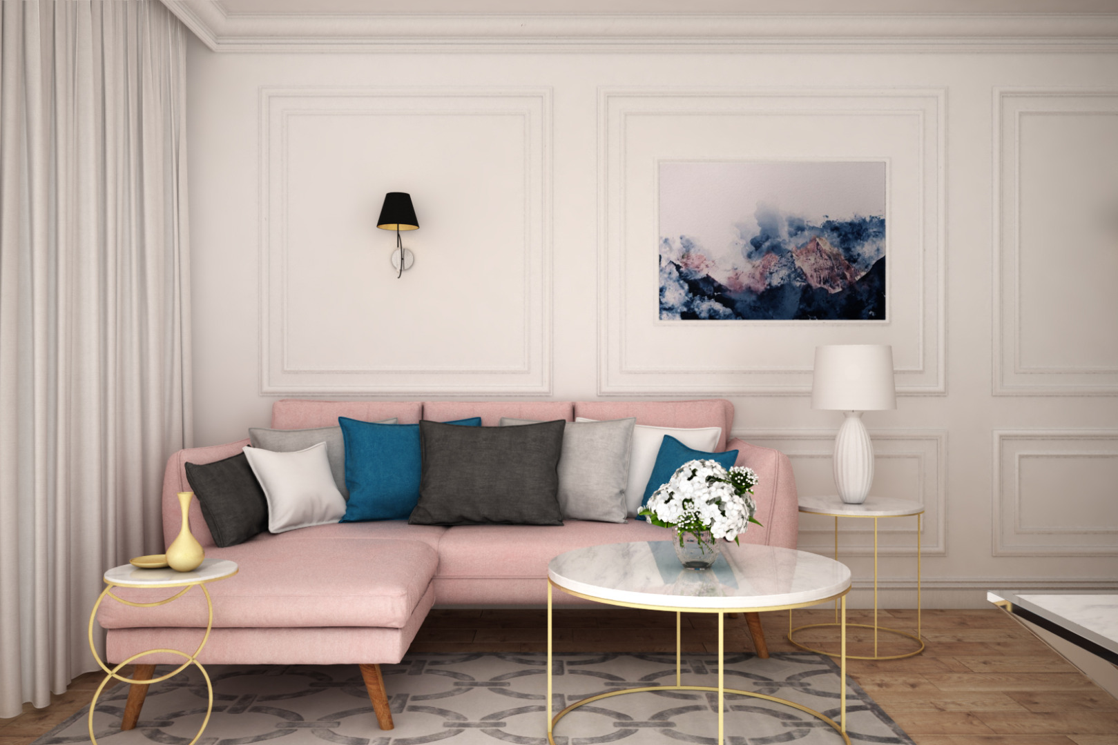 salon z różową sofą